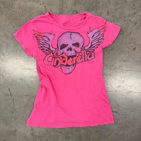 Vintage Y2k Skull Wings Cinderella Heavy Metal Pink Band Tour Graphic Tee Small - Picture 1 of 4